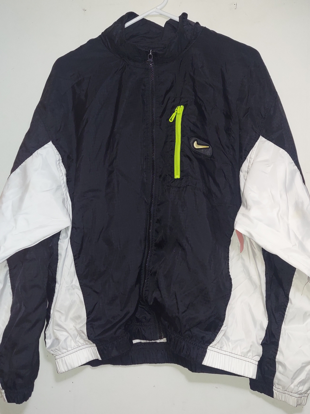 Vintage Nike Black and White Men's Windbreaker Jacket with Neon Swoosh
